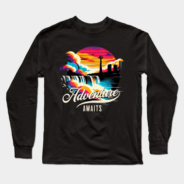 Adventure Awaits Niagara Falls Vintage Design Long Sleeve T-Shirt by Miami Neon Designs